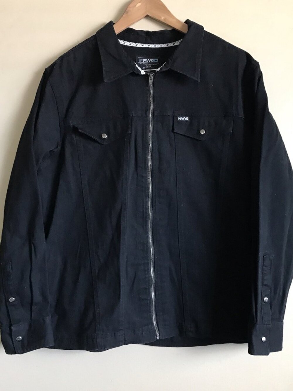 Tony Hawk Men’s Black Denim Zip Jean Jacket Sz XL Pockets Motorcycle Stretch
